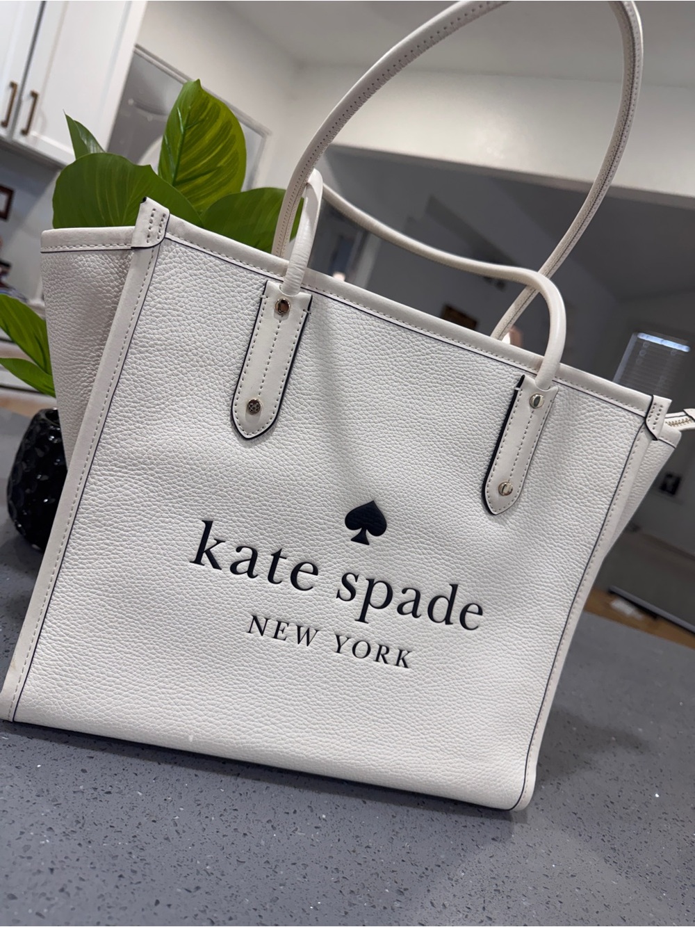 kate spade White Leather Logo Tote with Black Accents